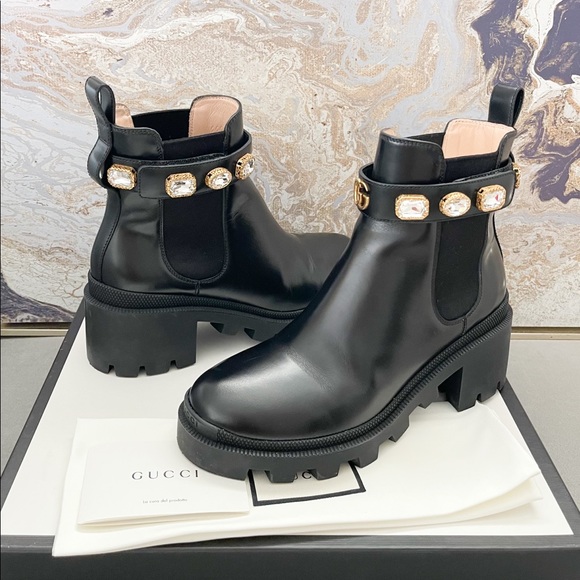 In Stores! Gucci Calfskin Crystal GG Trip Chelsea Ankle Boots - Picture 11 of 11